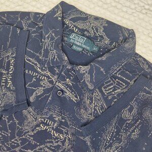 Ralph Lauren Short Sleeve Navy Polo Shirt Hampton Montauk Map Print XL Rare
